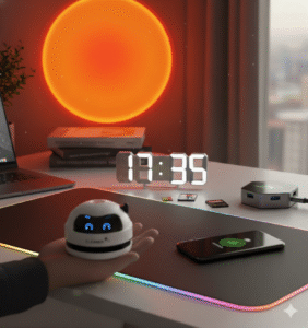 A cinematic lifestyle shot of a modern desk setup featuring a mini robot vacuum cleaner in a hand, an RGB sunset lamp casting an orange glow, a 3D LED digital clock displaying 17:35, a wireless charging desk pad with RGB lighting, and a hexagonal USB-C hub. The desk also has a laptop and small plants, with a city view outside the window