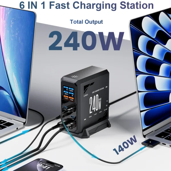 ASOMETECH 240W GaN Fast Charging Station 6-Port Desktop Charger with 140W PD3.1