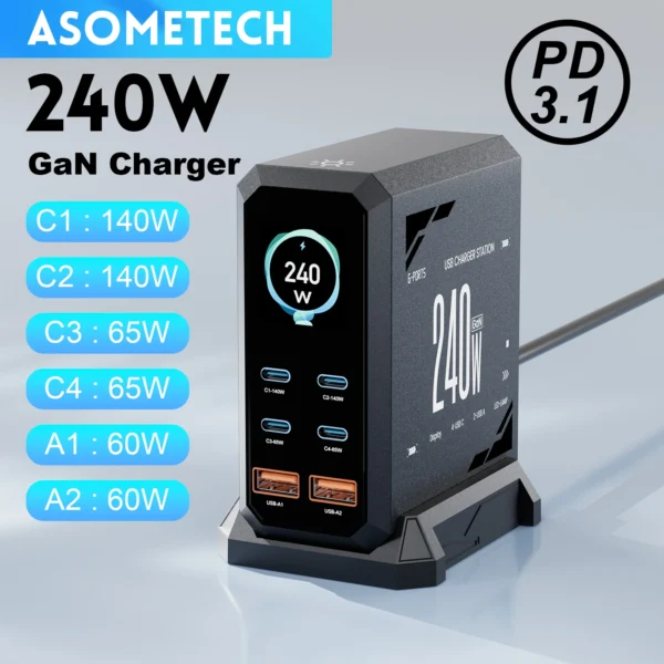 ASOMETECH 240W GaN Fast Charging Station 6-Port Desktop Charger with 140W PD3.1