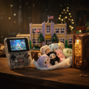 Cinematic Black Friday deals image for collectors featuring a handheld retro gaming console, small colorful plush collectible dolls, and a light-up wooden book nook kit on a wooden table, suggesting exclusive sales on unique hobby items