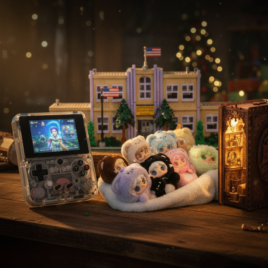 Cinematic Black Friday deals image for collectors featuring a handheld retro gaming console, small colorful plush collectible dolls, and a light-up wooden book nook kit on a wooden table, suggesting exclusive sales on unique hobby items