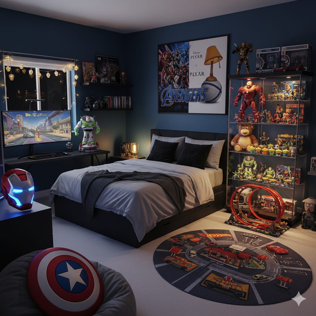 A dark blue, collector-themed bedroom at night, featuring a large glass display case filled with toys and memorabilia, including Marvel, Pixar, and Buzz Lightyear figures. A central poster combines Avengers and Pixar logos. The room has a black platform bed with gray bedding, an Iron Man helmet replica lit up on the nightstand, a computer desk displaying a racing game, and a circular Hot Wheels play rug