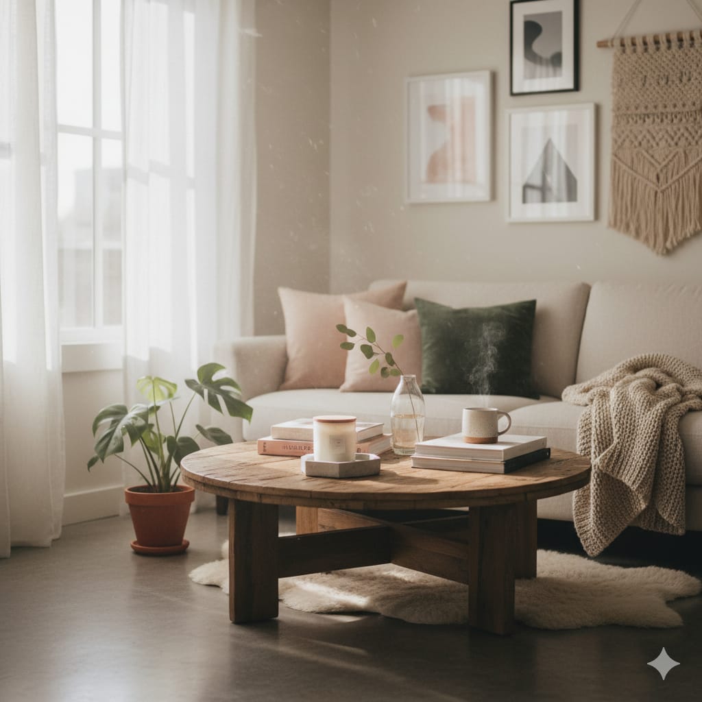 A cozy, minimalist living room featuring a round, rustic wooden coffee table on a white shag rug. The sofa has neutral, blush pink, and dark green pillows, and is draped with a chunky knit beige throw blanket. The table holds books, a steaming mug, a potted sprig, and a candle. A large monstera plant sits next to a sunlit window, and the wall features framed minimalist art and a macrame hanging