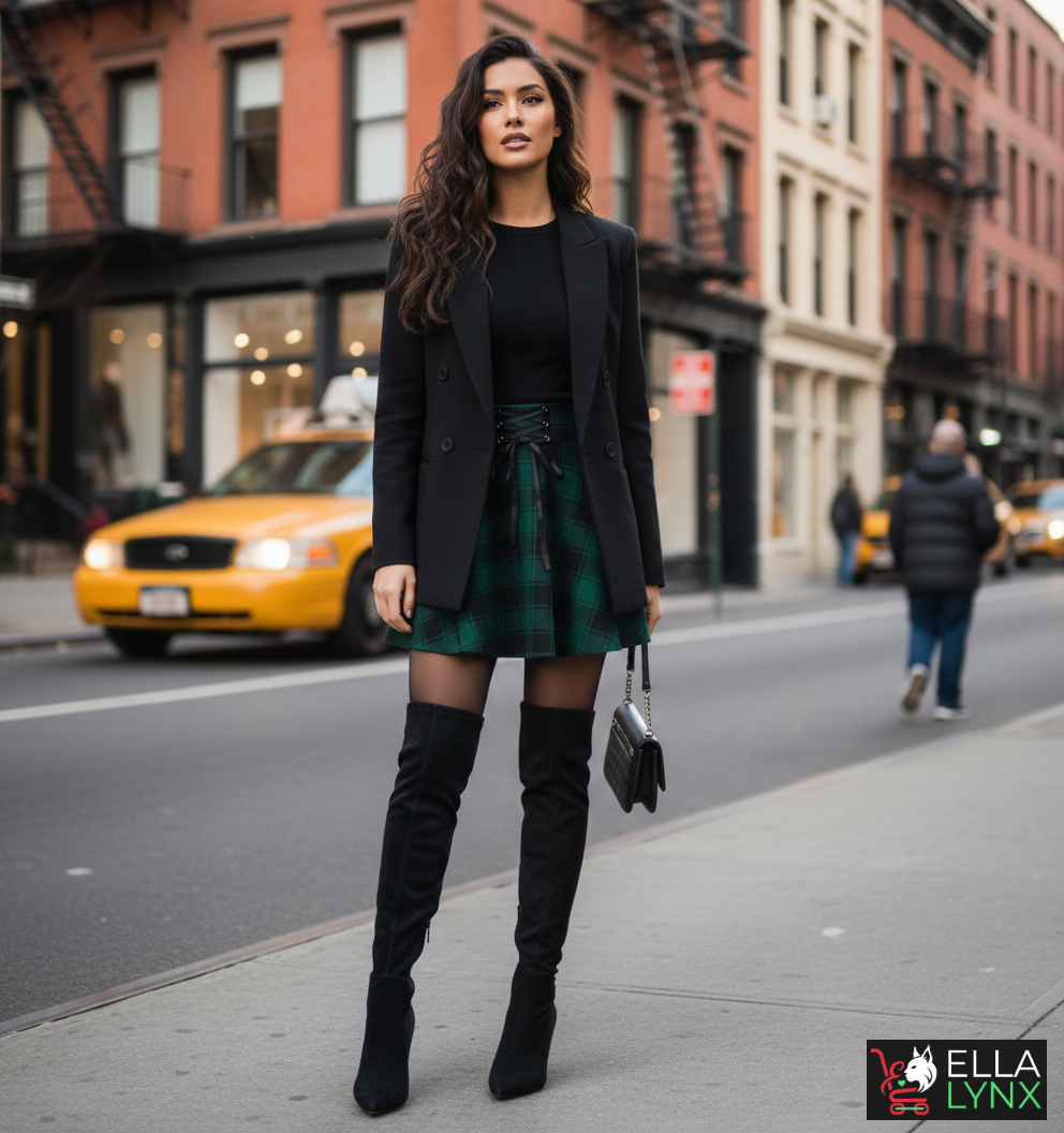 Elegant holiday outfit featuring a plaid skirt paired with a tailored blazer and long boots for Christmas or office parties