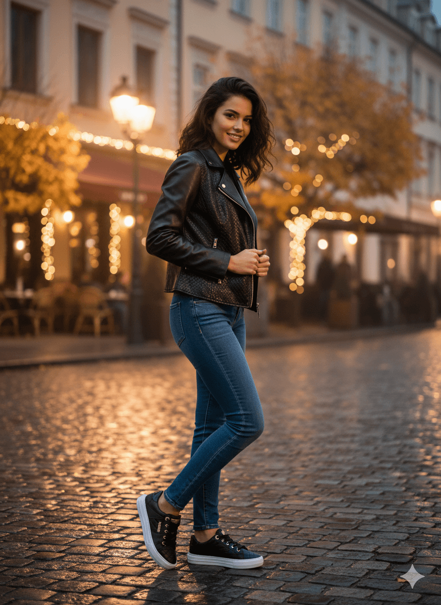 Woman wearing a black leather jacket, blue jeans, and black Guess sneakers for a modern Thanksgiving outfit.