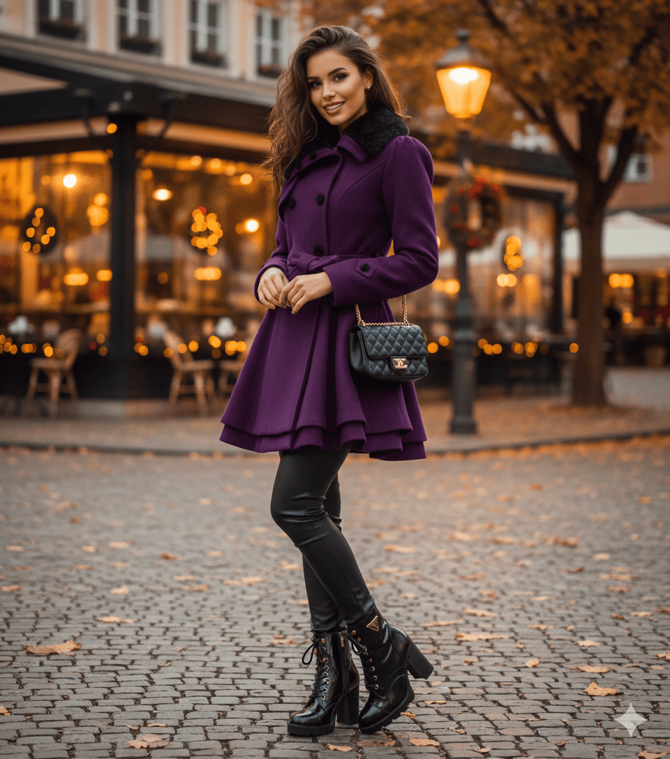 Woman wearing a purple wool coat, black faux-leather pants, and heeled lace-up boots for an elegant Thanksgiving dinner outfit.