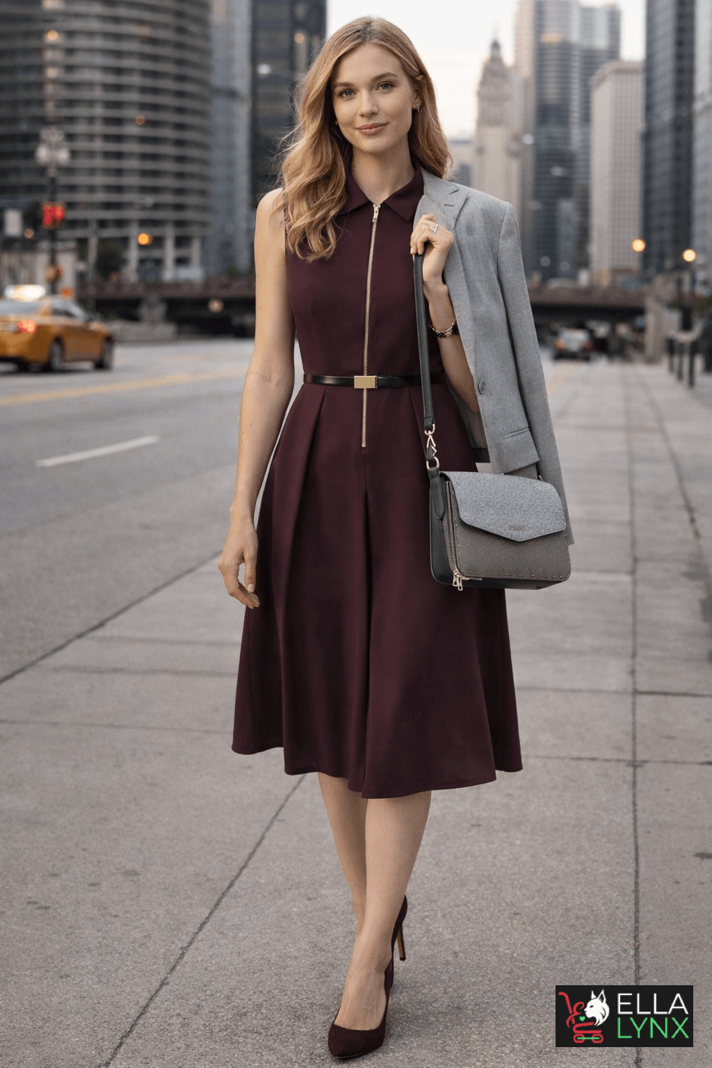 Holiday outfit by Calvin Klein with a refined midi dress, minimalist tailoring and timeless elegance, ideal for festive dinners and winter celebrations.
