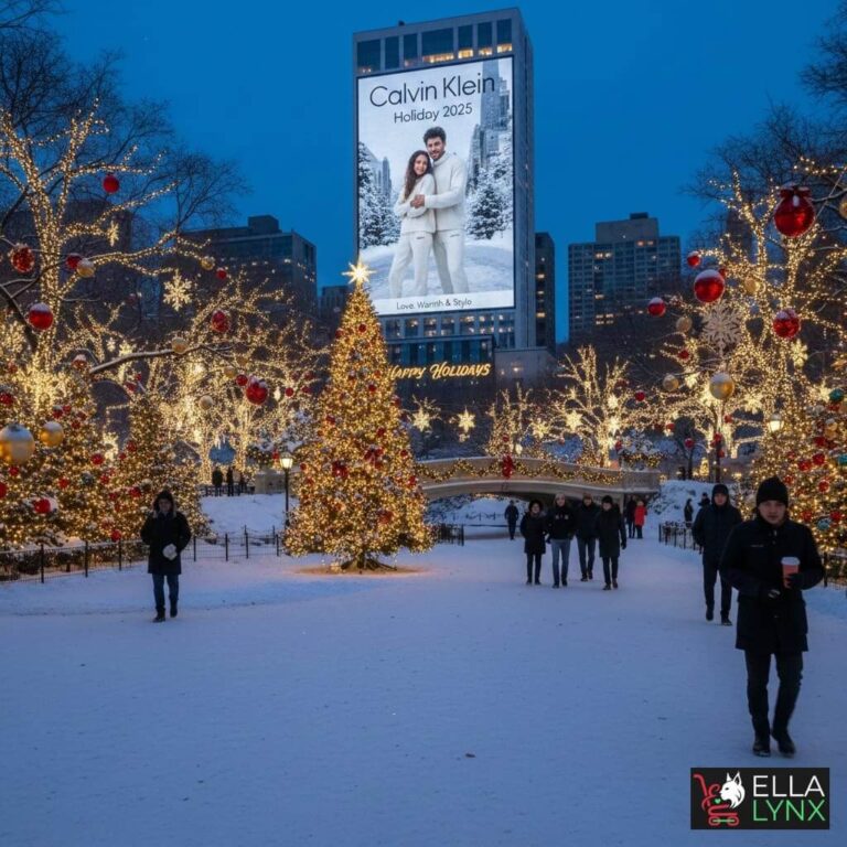 Calvin Klein Holiday 2025 fashion ad displayed in a snowy street with Christmas trees