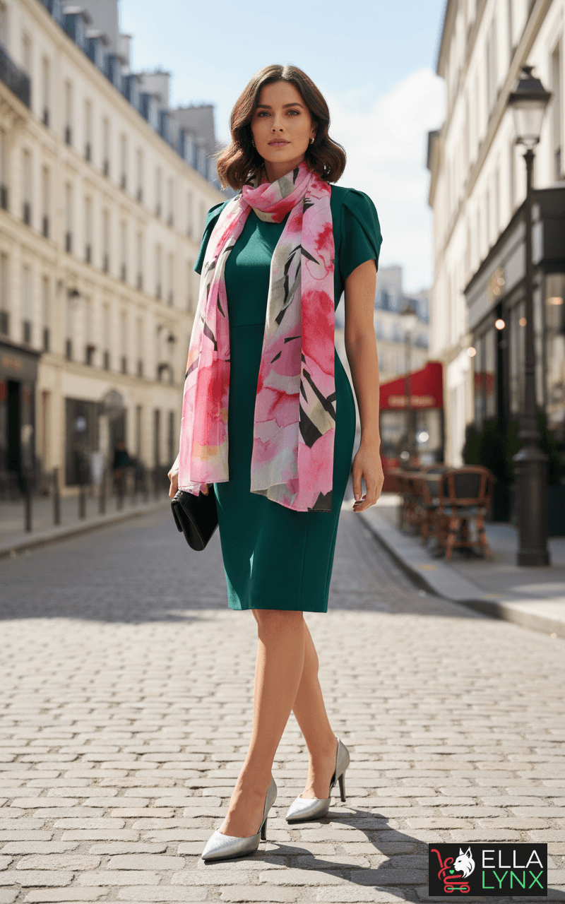 Woman wearing a Calvin Klein green sheath dress styled with a patterned scarf on a European street