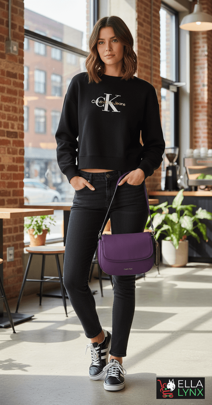 Woman wearing a Calvin Klein logo sweatshirt with black jeans and a Calvin Klein purple crossbody bag