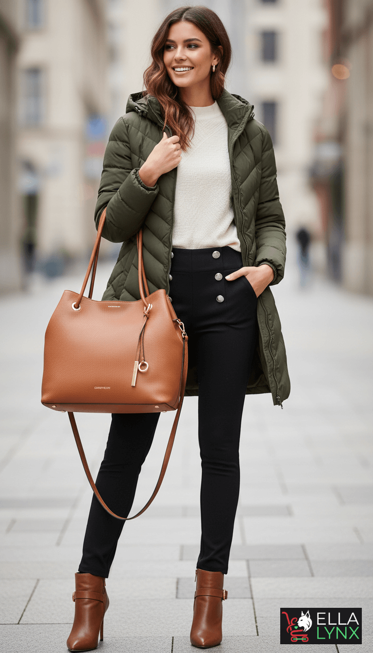 Woman wearing a Calvin Klein quilted green jacket carrying a Calvin Klein brown leather tote bag