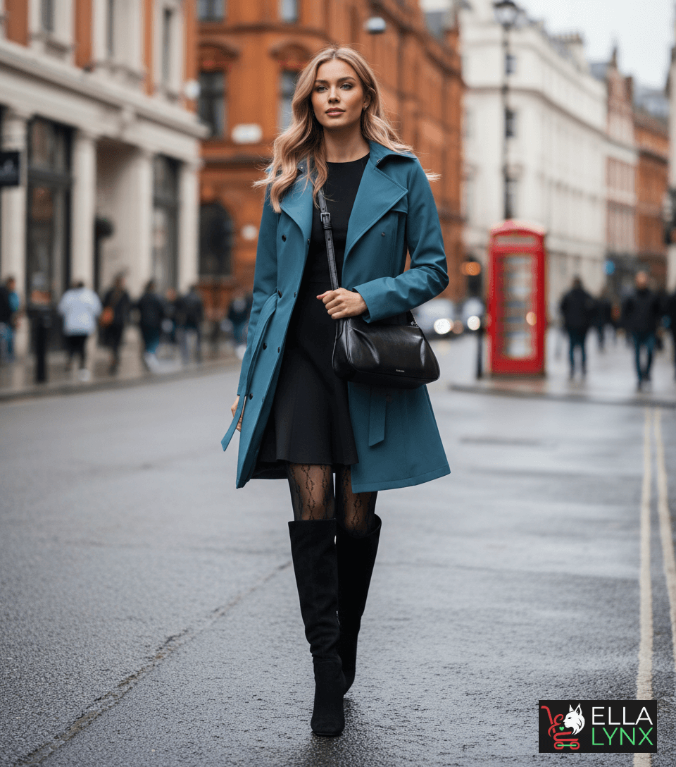 Woman wearing a Calvin Klein teal coat with a black dress and a Calvin Klein crossbody bag on a city street