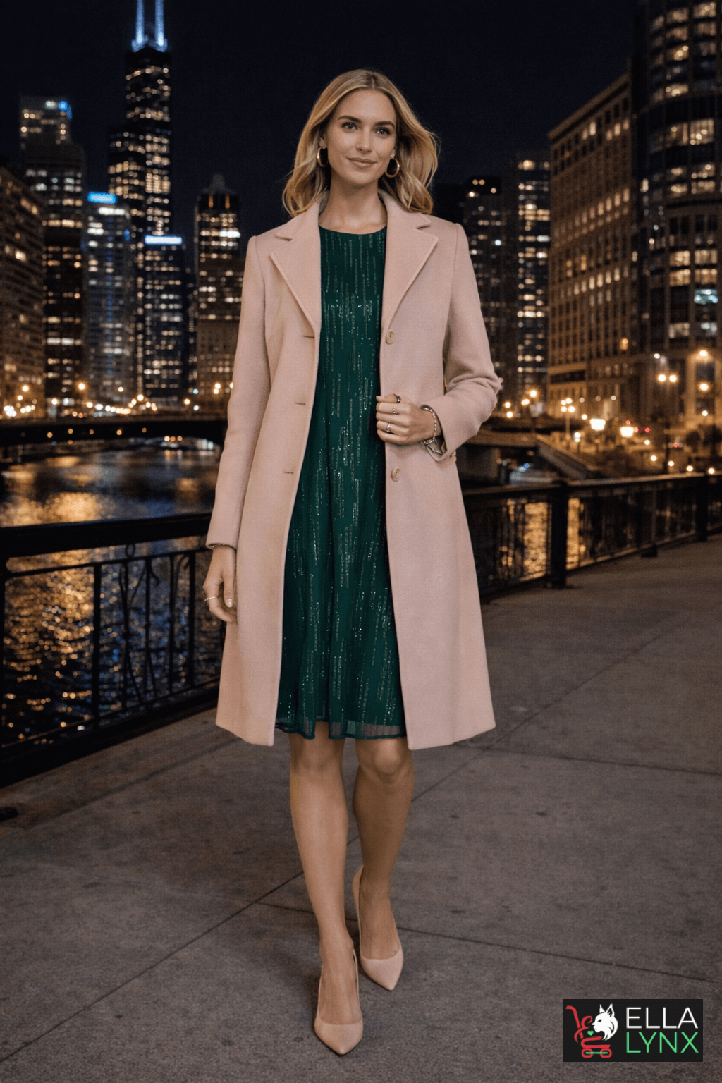Calvin Klein holiday look featuring an elegant emerald green dress with subtle shimmer, styled with a blush pink wool coat and pointed heels for a sophisticated evening outfit.