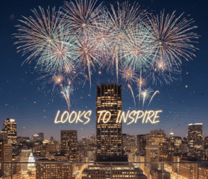 City with new years fireworks and the text Looks to Inspire