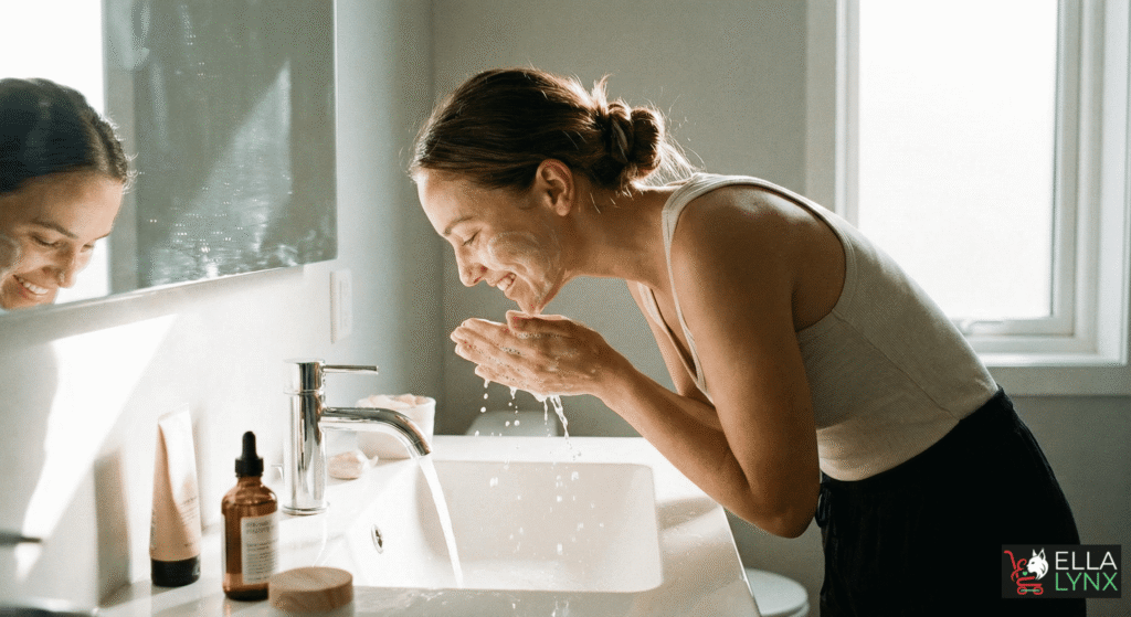 A woman happily washing her face
