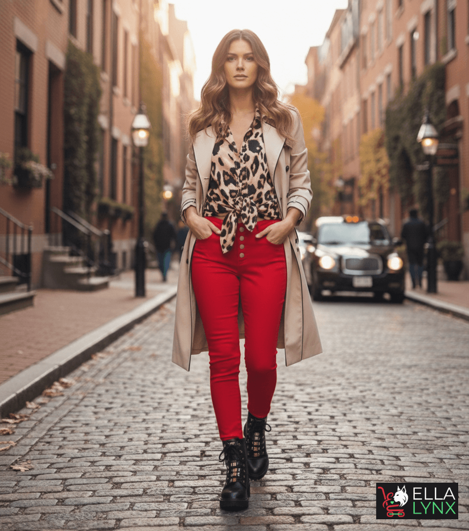 Woman styling a leopard print blouse with red pants, beige trench coat, and black boots for a bold holiday look