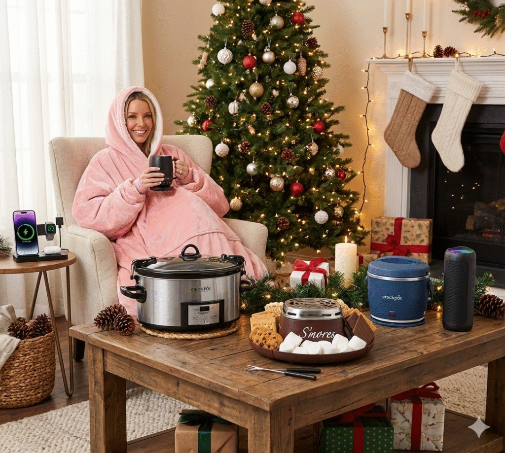 A cozy Christmas living room scene displaying top holiday gift ideas, including a wearable blanket hoodie, smart mug, s'mores maker, slow cooker, portable food warmer, wireless charging station, and portable speaker