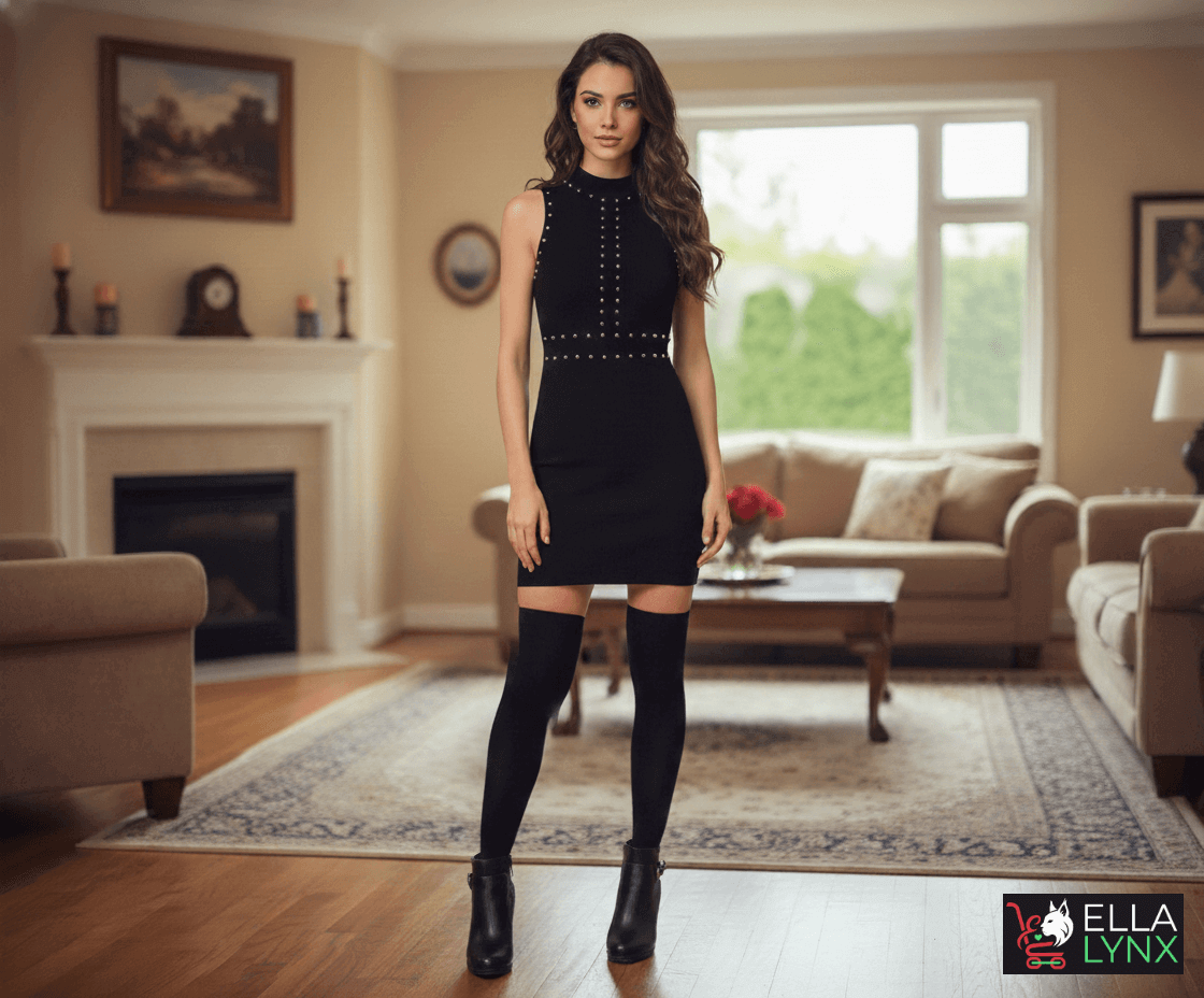 Woman wearing a black studded mini dress with knee-high socks and ankle boots, posing in a cozy living room for a chic winter holiday outfit.