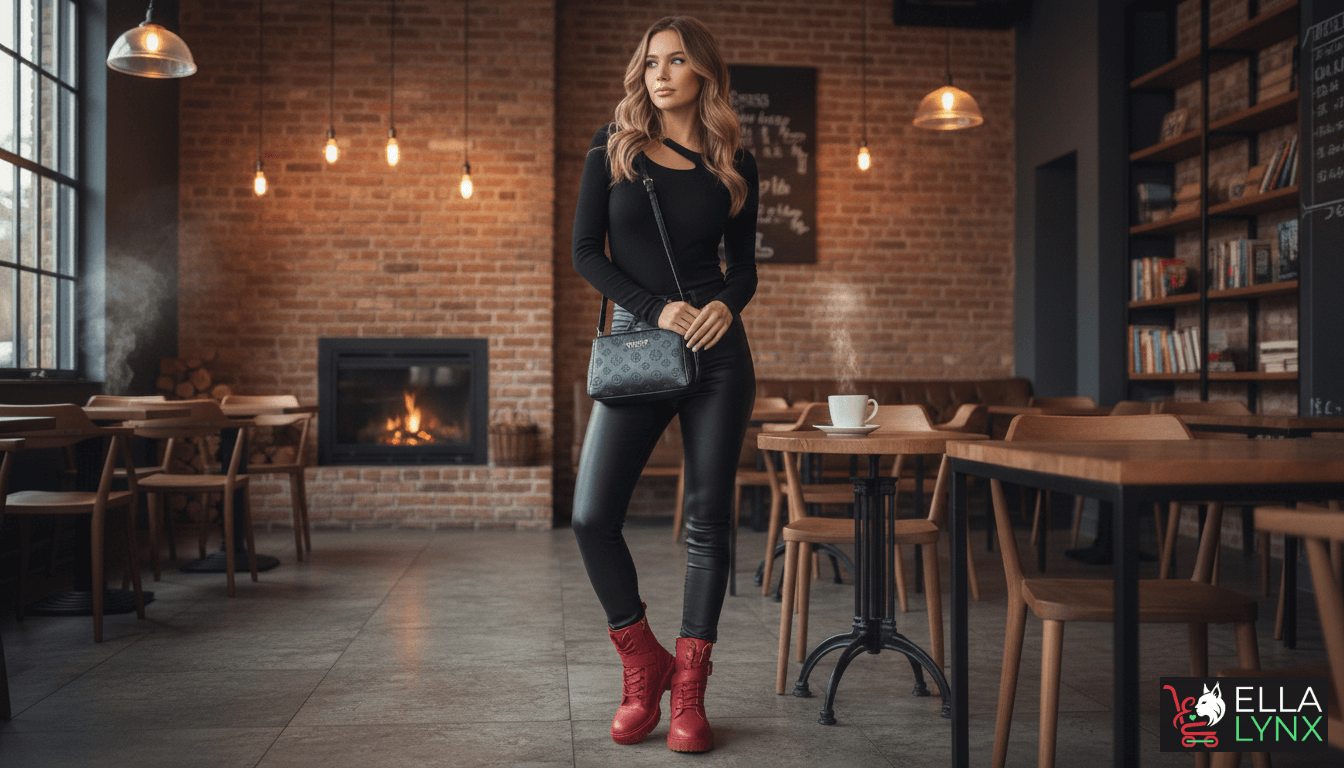 Woman in a black long-sleeve top, black leather pants, and red boots standing inside a cozy café with warm lighting and a fireplace.