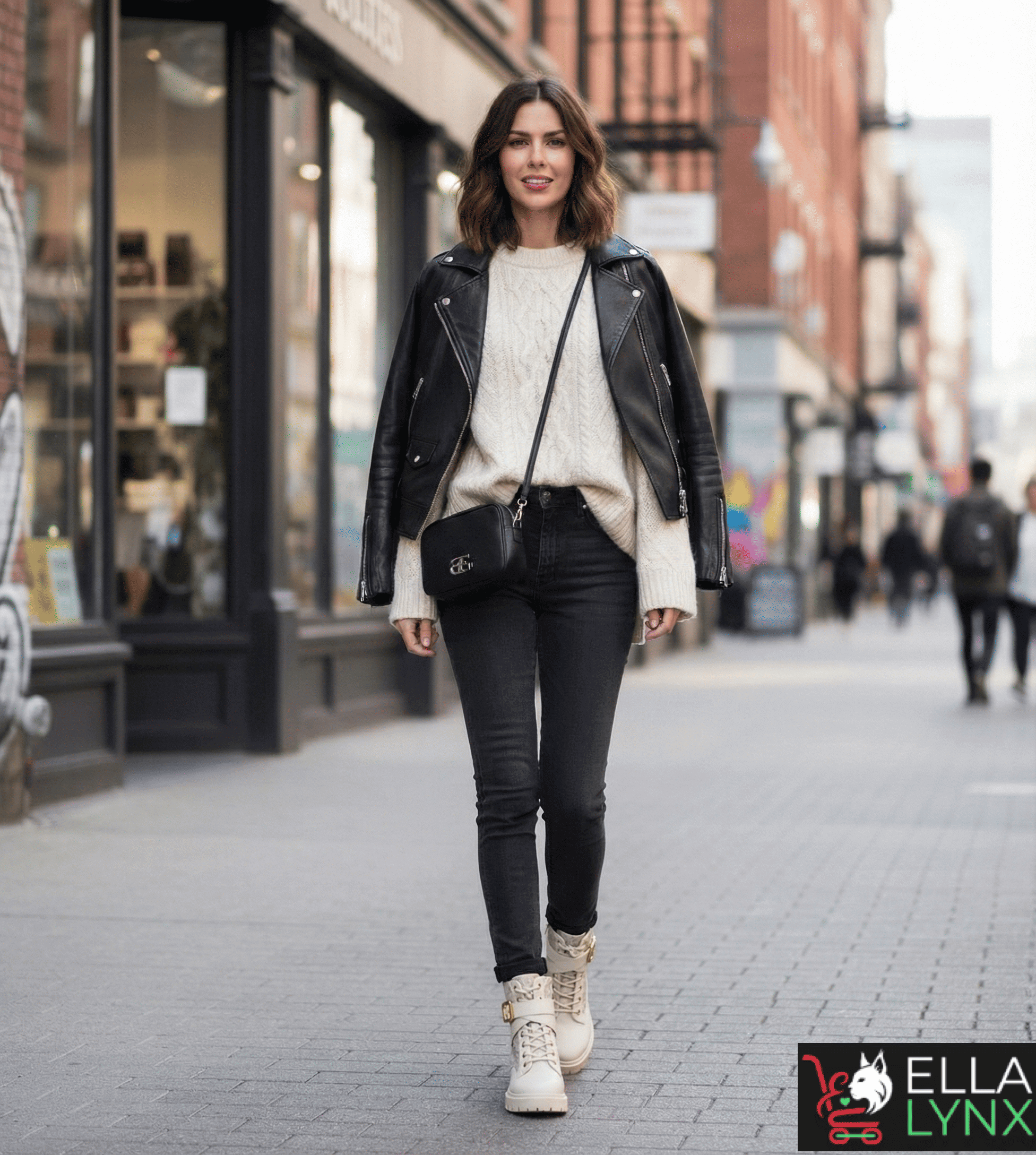 A woman walking down a city street wearing a black leather jacket over a cream knit sweater, black jeans, and beige combat boots, carrying a small black crossbody bag in an urban shopping district.