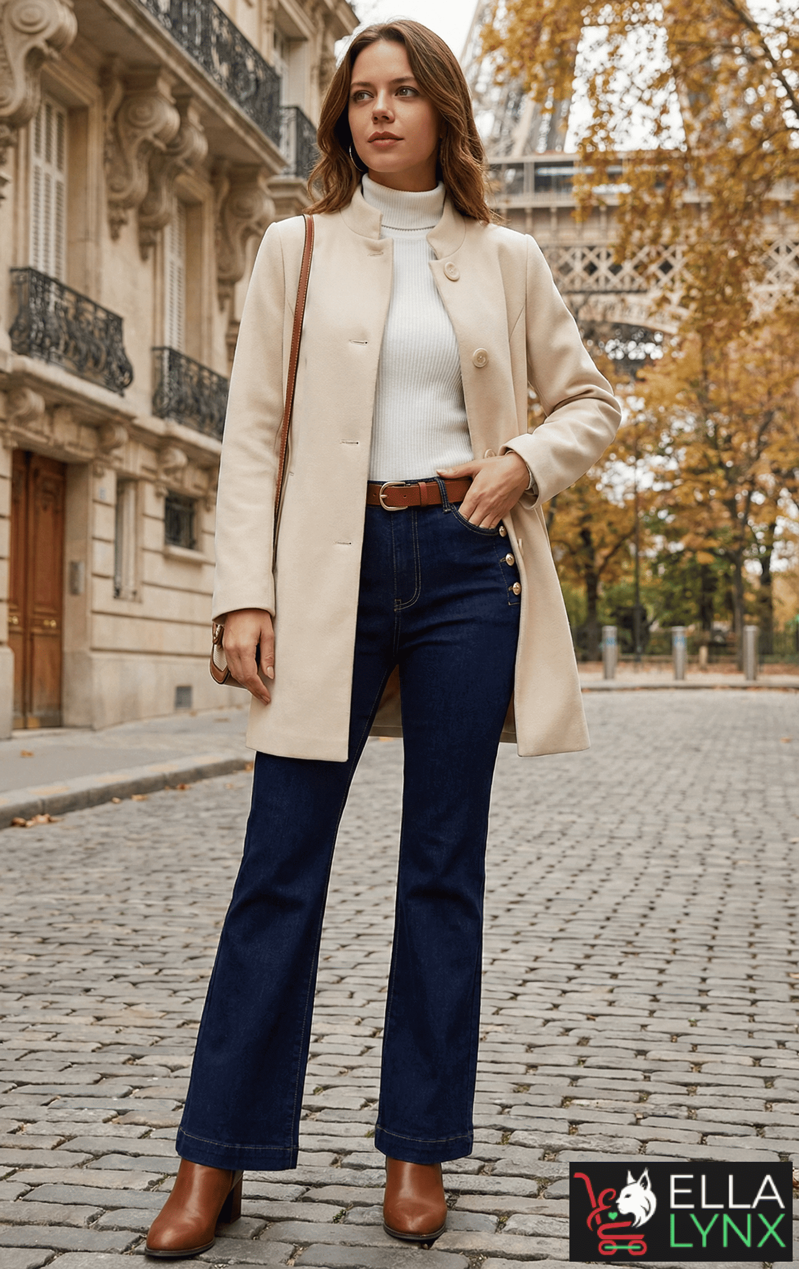 Woman in France in a cream coat, white turtleneck, and dark blue jeans standing on a cobblestone street with autumn trees and city architecture behind her.