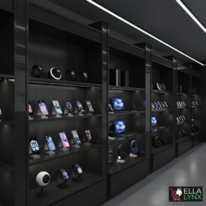 Modern electronics store display showcasing smartphones, smartwatches, tablets, headphones, and smart home devices on sleek black shelves, with the EllaLynx logo in the corner.