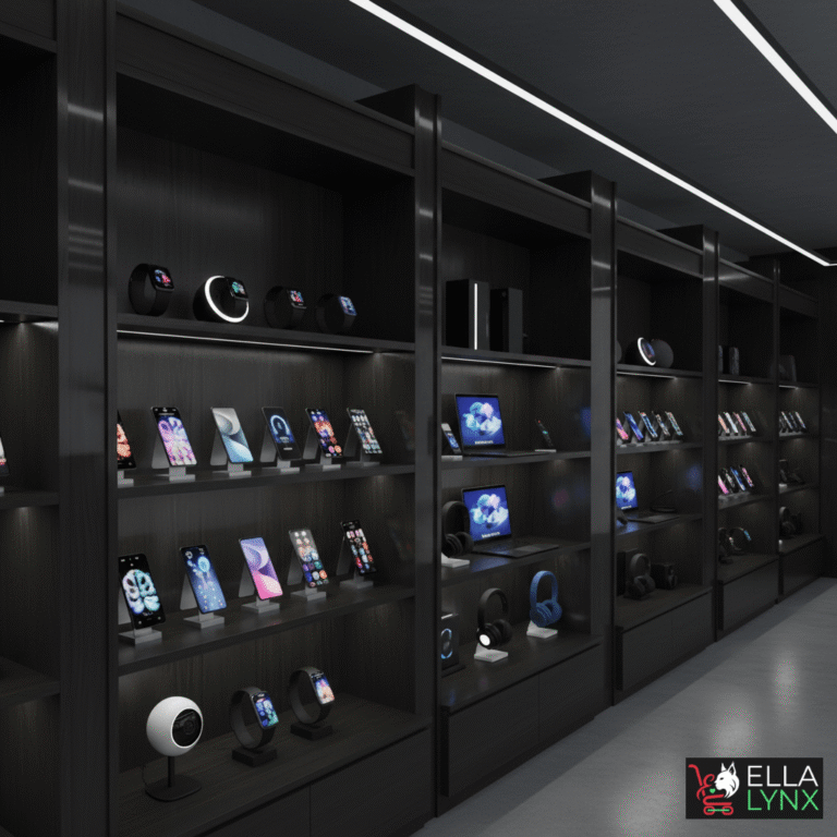 Modern electronics store display showcasing smartphones, smartwatches, tablets, headphones, and smart home devices on sleek black shelves, with the EllaLynx logo in the corner.