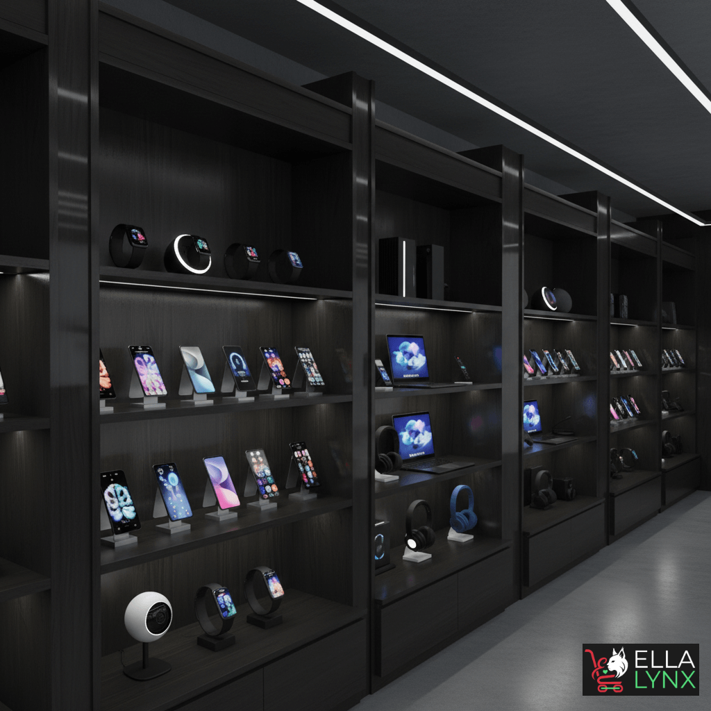 Modern electronics store display showcasing smartphones, smartwatches, tablets, headphones, and smart home devices on sleek black shelves, with the EllaLynx logo in the corner.