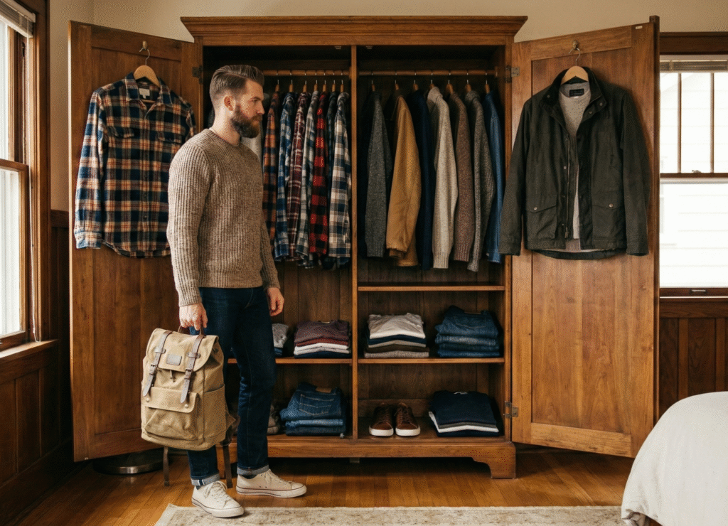 Man standing in front of an open wooden wardrobe filled with neatly organized men’s clothing, wearing a knit sweater, dark jeans, and sneakers while holding a beige backpack.