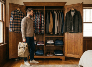 Man standing in front of an open wooden wardrobe filled with neatly organized men’s clothing, wearing a knit sweater, dark jeans, and sneakers while holding a beige backpack.