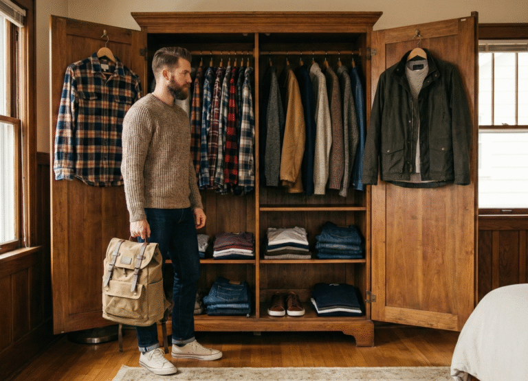 Man standing in front of an open wooden wardrobe filled with neatly organized men’s clothing, wearing a knit sweater, dark jeans, and sneakers while holding a beige backpack.