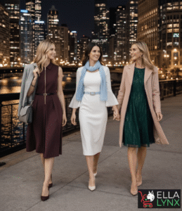 A realistic lifestyle photograph of three women walking together on a city boardwalk at night with a blurred metropolitan skyline in the background. The woman on the left wears a sleeveless maroon dress with a gold zipper and a grey coat over her shoulder; the woman in the center wears a white bell-sleeve dress with a light blue scarf; and the woman on the right wears a dark green sparkling dress with a long tan coat. They are smiling and talking in a warm, festive atmosphere.