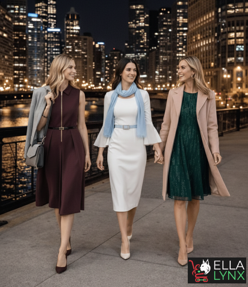 A realistic lifestyle photograph of three women walking together on a city boardwalk at night with a blurred metropolitan skyline in the background. The woman on the left wears a sleeveless maroon dress with a gold zipper and a grey coat over her shoulder; the woman in the center wears a white bell-sleeve dress with a light blue scarf; and the woman on the right wears a dark green sparkling dress with a long tan coat. They are smiling and talking in a warm, festive atmosphere.