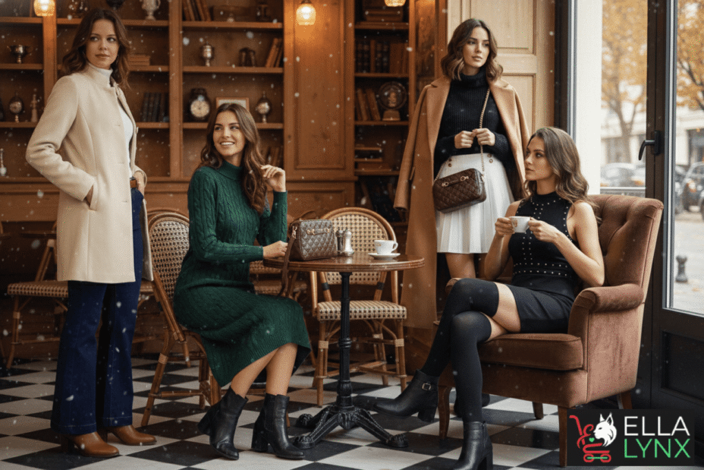 Four women in stylish winter outfits at a cozy café, wearing elegant coats, knit dresses, and boots, creating a festive holiday fashion scene.