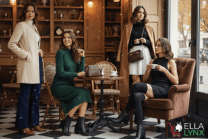 Four women in stylish winter outfits at a cozy café, wearing elegant coats, knit dresses, and boots, creating a festive holiday fashion scene.