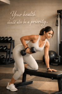 Woman in off white tank top and leggings exercising with dumbbells in a modern gym.