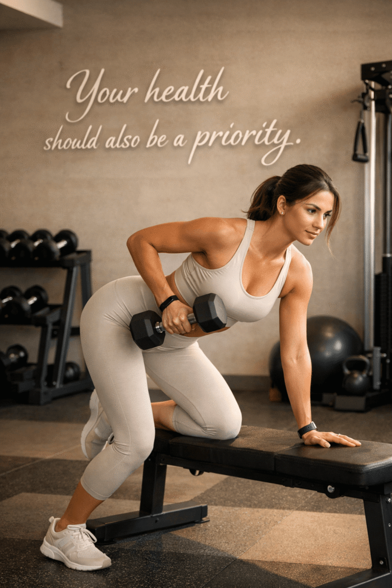 Woman in off white tank top and leggings exercising with dumbbells in a modern gym.