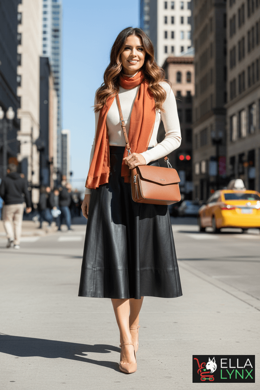 Woman wearing an elegant winter outfit with a black midi skirt, brown accessories, and an off-white top, styled in a refined and timeless look.