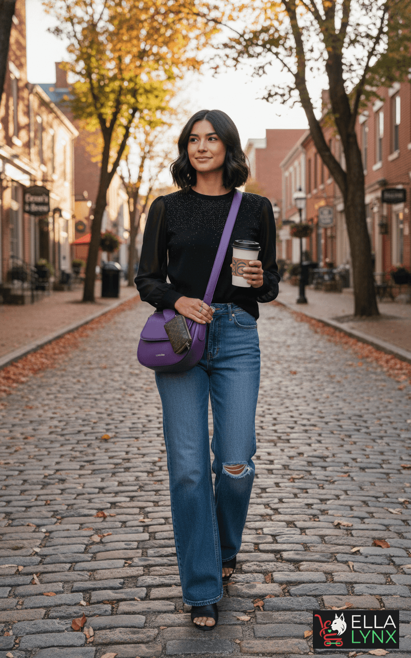Woman wearing a stylish outfit with jeans, a black shimmer top, and a modern statement bag, styled in a chic and contemporary look.
