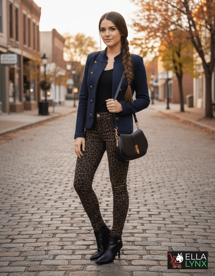 Woman wearing a modern winter outfit with leopard-print pants and classic black accessories, styled in a chic and contemporary look.