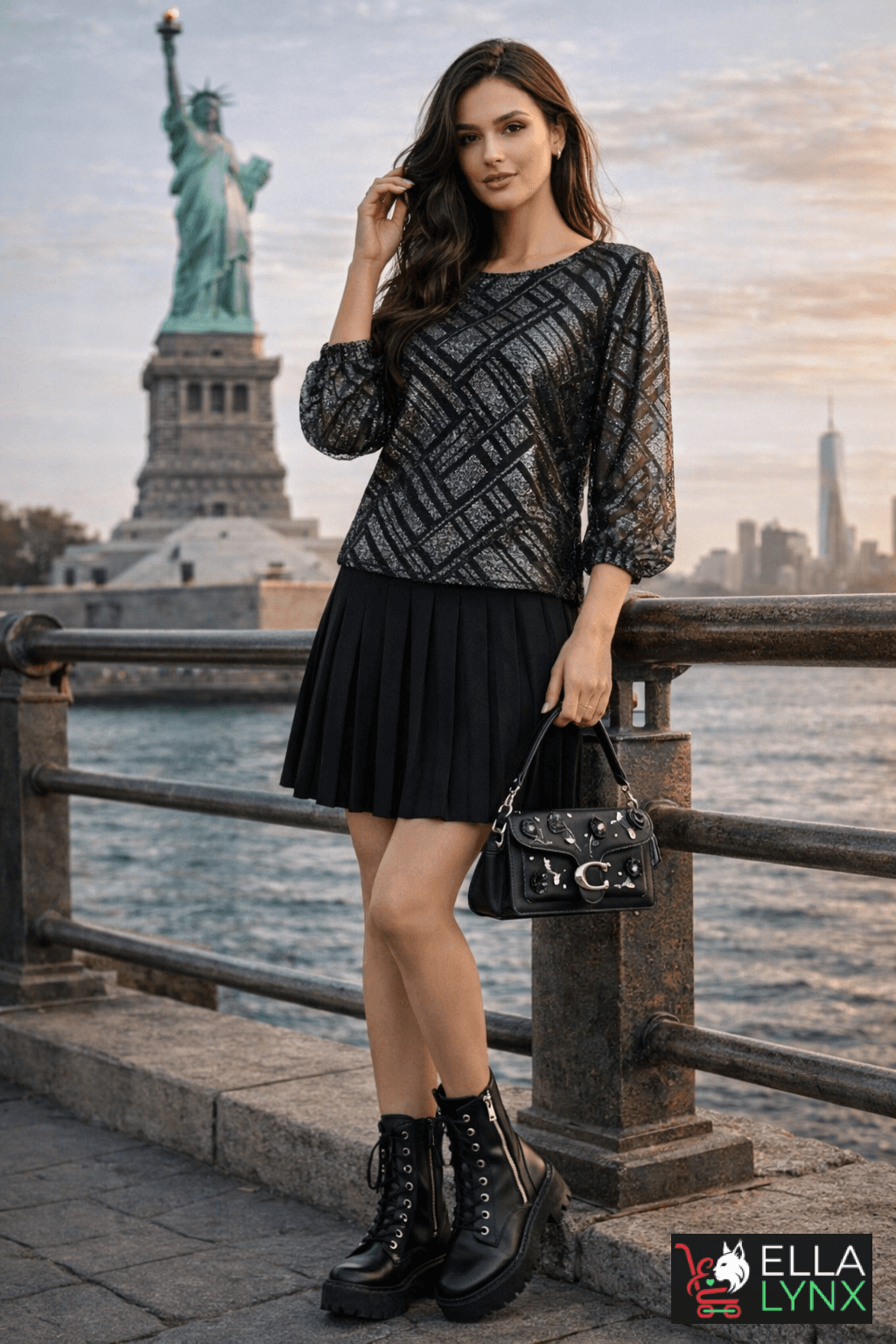 Woman wearing a chic city outfit with Michael Kors Blake booties, GUESS eco pleated Miranda sweater skirt, Calvin Klein long sleeve top, and a Coach crystal-embellished leather Tabby shoulder bag, styled in an elegant and modern look.