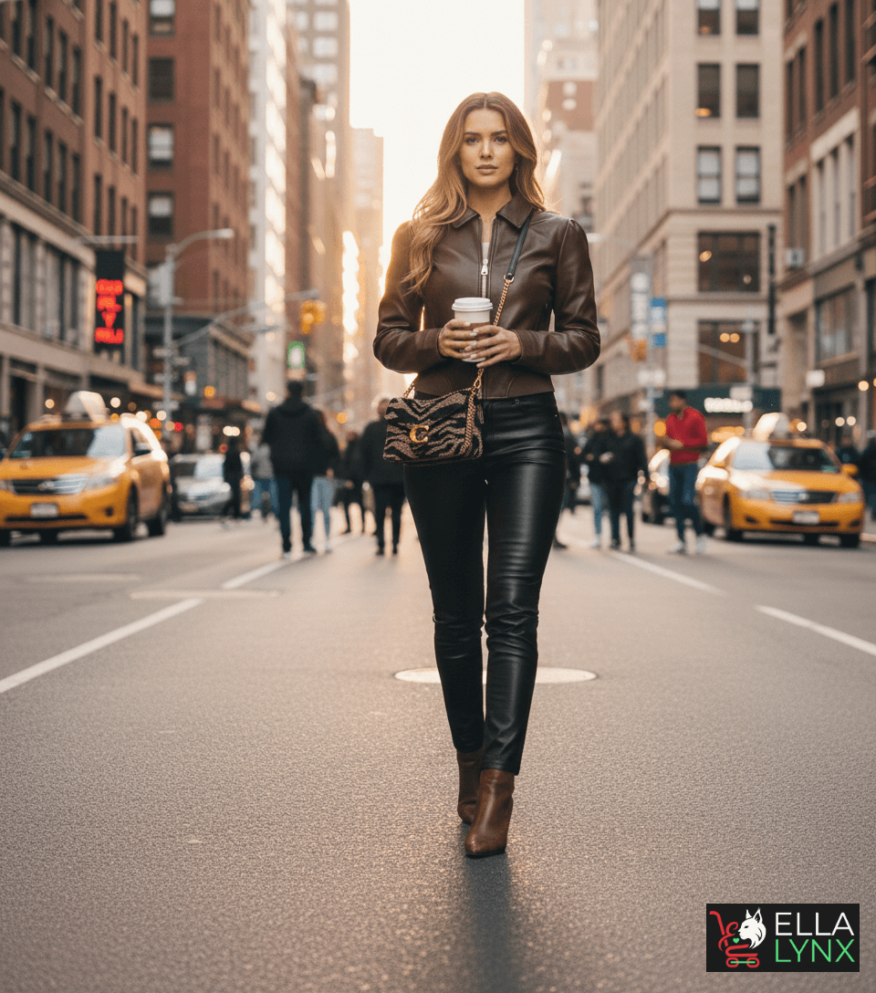 Woman wearing a chic winter outfit with straight PU pants, a chocolate brownie jacket, light brown boots, and a beaded Tiger Tabby shoulder bag, styled in a modern and sophisticated city look.