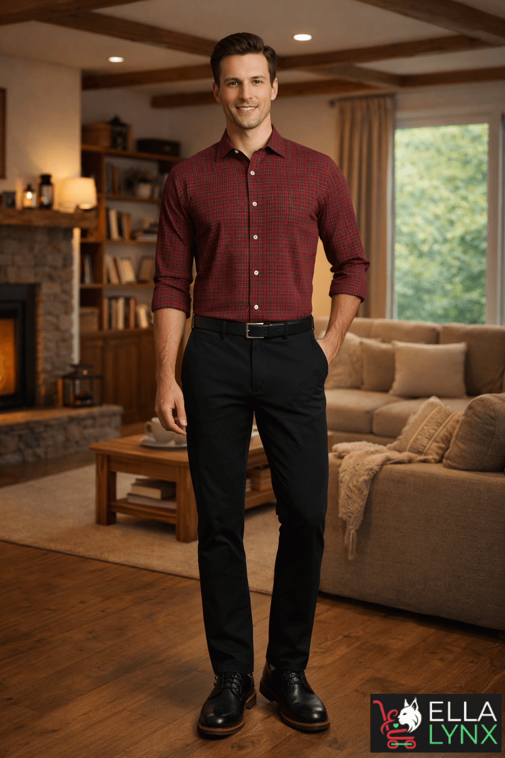 Man wearing a red plaid shirt with black trousers, styled for a Valentine’s Day look.