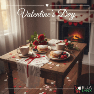 Cozy Valentine’s Day setting with heart-shaped pancakes, coffee, red roses, and romantic decor, evoking warmth, connection, and Valentine’s Day inspiration.