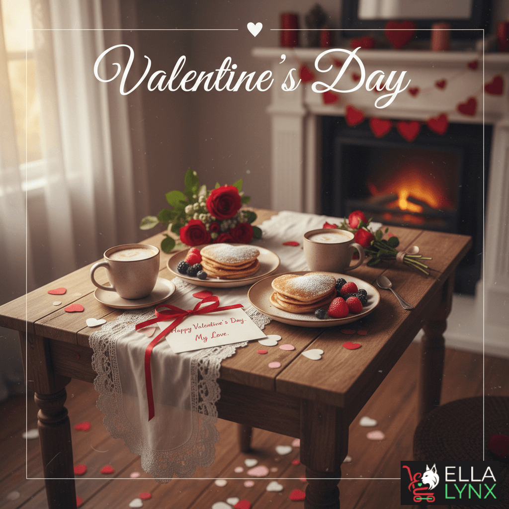 Cozy Valentine’s Day setting with heart-shaped pancakes, coffee, red roses, and romantic decor, evoking warmth, connection, and Valentine’s Day inspiration.