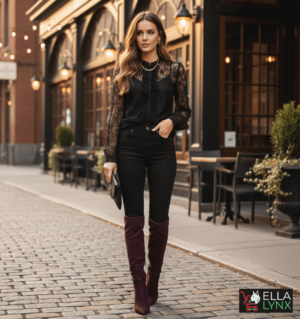 Black lace blouse, slim black jeans, and those stunning burgundy over-the-knee boots. styled for a Valentine’s Day look.