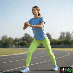 A fit woman dressed in a sky blue shirt, light green leggings, and matching sky blue sneakers, representing a healthy and active lifestyle.