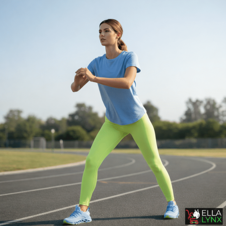 A fit woman dressed in a sky blue shirt, light green leggings, and matching sky blue sneakers, representing a healthy and active lifestyle.