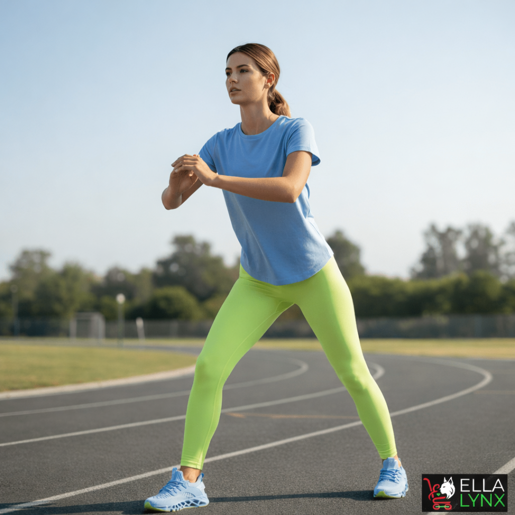 A fit woman dressed in a sky blue shirt, light green leggings, and matching sky blue sneakers, representing a healthy and active lifestyle.