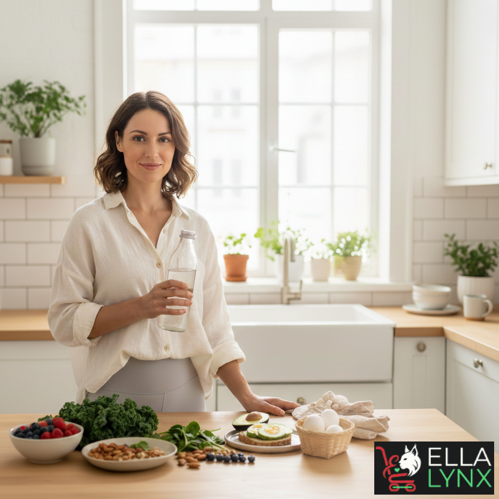 A smiling woman stands in a bright, sunlit modern kitchen holding a clear glass water bottle. In front of her on a wooden counter is an arrangement of fresh, healthy foods including a bowl of berries, leafy kale, almonds, avocado toast, and a small basket of eggs. The right side of the image features a soft, clean space for text, conveying a calm and sustainable approach to a healthy lifestyle.